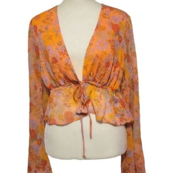 Wild Fable Sheer Orange Floral Top Women's Size Medium - Picture 1 of 4